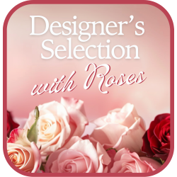 Designer's Choice With Roses In Glass Vase